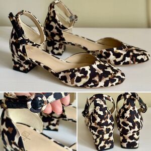 CAbi Kiki Heels Women’s Size 7.5 Leopard Print Ankle Strap Block Heel